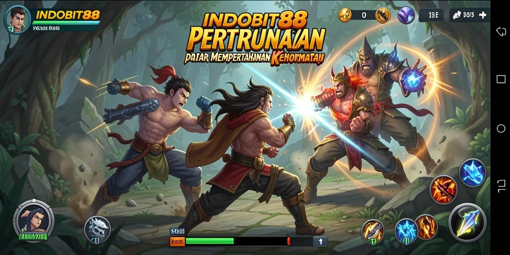 Screenshot gameplay INDOBIT88 menampilkan pertarungan karakter yang seru.