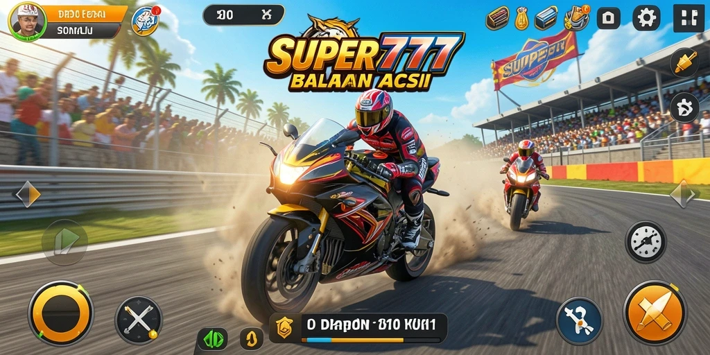Tampilan gameplay SUPER777 yang menegangkan dan penuh aksi balapan motor.