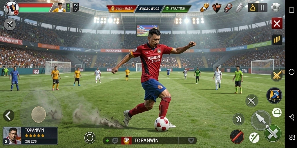 Screenshot TOPANWIN menampilkan aksi menarik dalam permainan sepak bola.